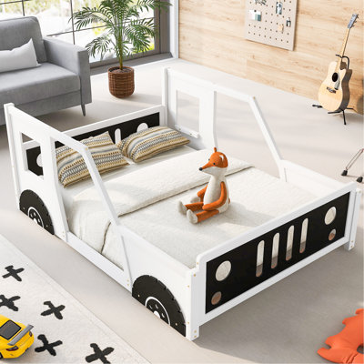 Lit plateforme double classique en forme de voiture avec roues, blanc