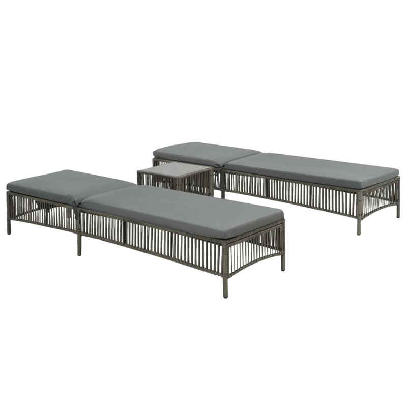 Chaises longues avec table Poly Rattan gris
