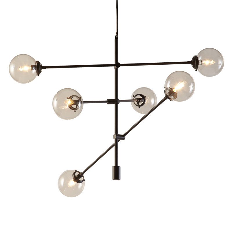 Lustre architectural en métal à 6 lumières avec abat-jours sphériques Cyrus, Bronze antique