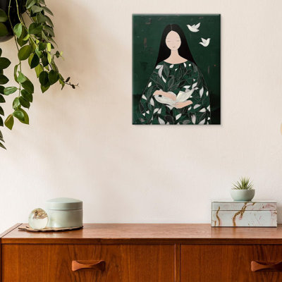 Green Dress Woman Wall Art Print Vintage Pigeon Girl Picture Painting Artwork Green Aesthetic Wall Decor For Home Living Room Women Bedroom 8X10 Canvas Framed