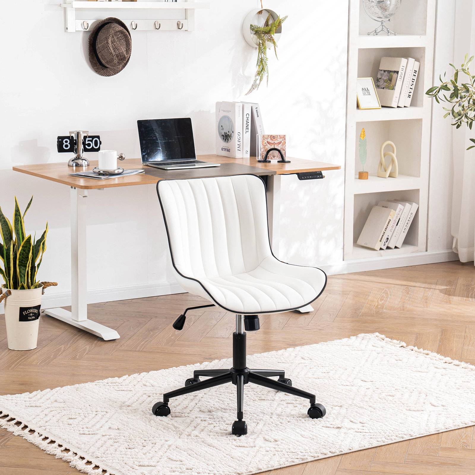 Brionni Leather Swivel Task Chair with Casters, White Seat/ Black Frame