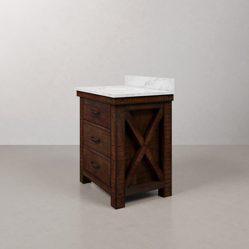 Aberdeen 30 In. Single Sink Blue Limestone Countertop Vanity In Rustic Sienna With Mirror, Carrara White, Rostic Sienna