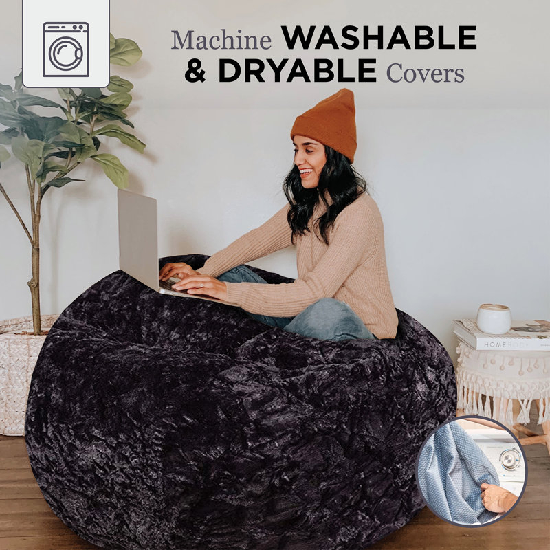 CordaRoy's Faux Fur Convertible Bean Bag Chair, Black Faux Fur, Medium (Queen)