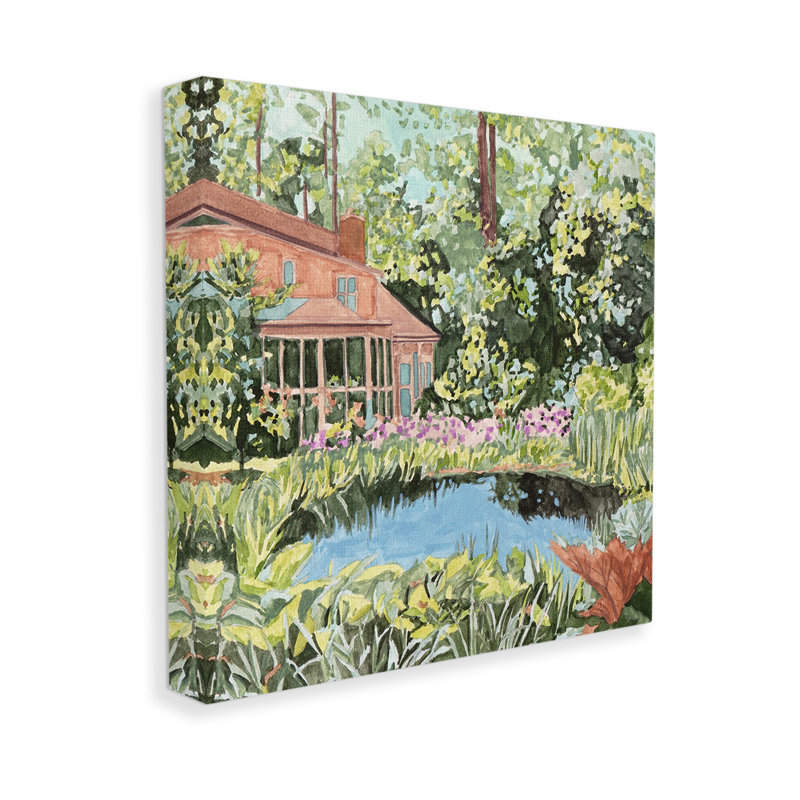 «Cottage with Backyard Pond», art mural sur toile par Melissa Wang, H 30 po x l 30 po