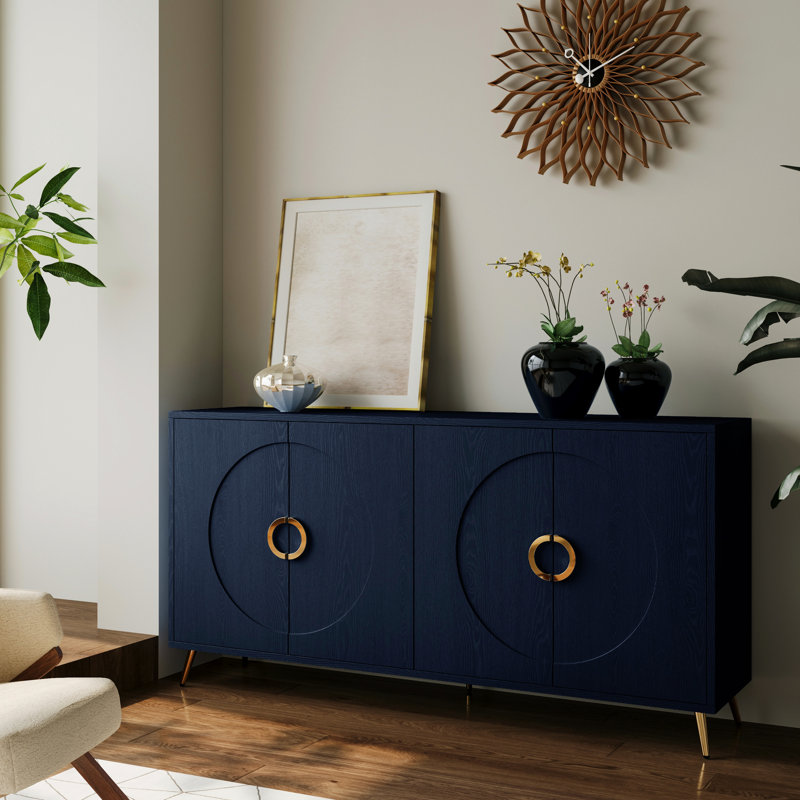Navy Blue 4 Door Cabinet Sideboard Buffet Server Wooden With Adjustable Shelves For Living Room, Entryway, Hallway, Office, Kitchen And Dining Modern In Hue Dining, Office