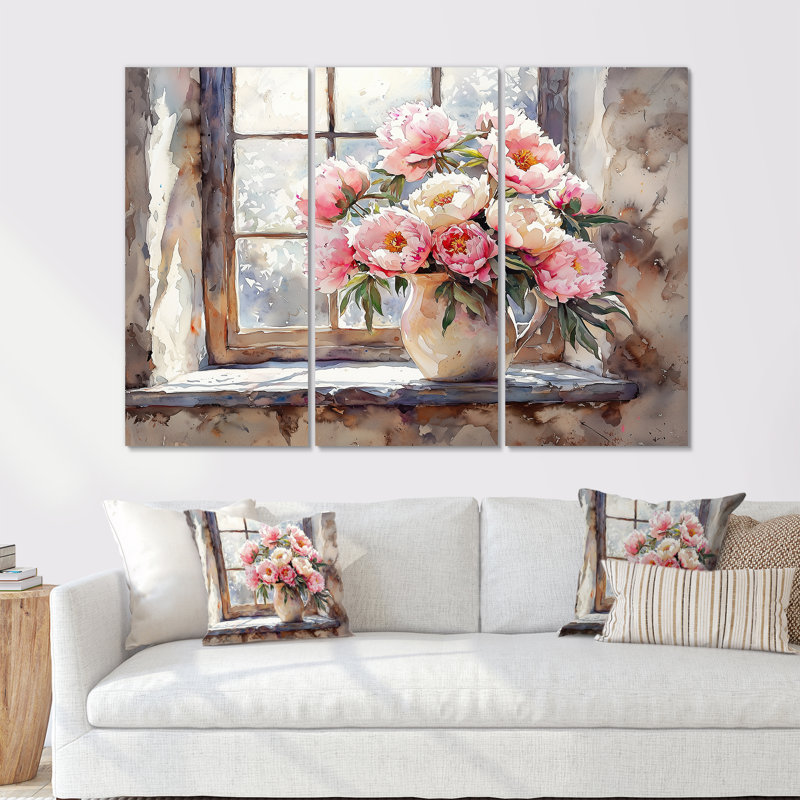 Rustic Romance Peony Bouquet I - Art mural pivoines - 3 panneaux, H 28 po x l 36 po, Toile tendue, Ne s’applique pas