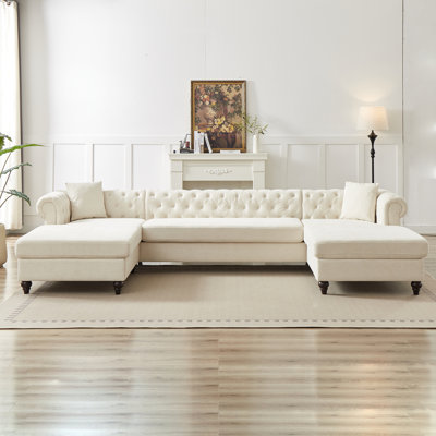 135.5-Inch   Chenille 3 Piece Sofa, Pull Point Design U-Shaped Sofa Two Chaise Longue Seats, Two Pillows And Wooden Feet, Suitable  Living Room, , Lounge And Projection Room