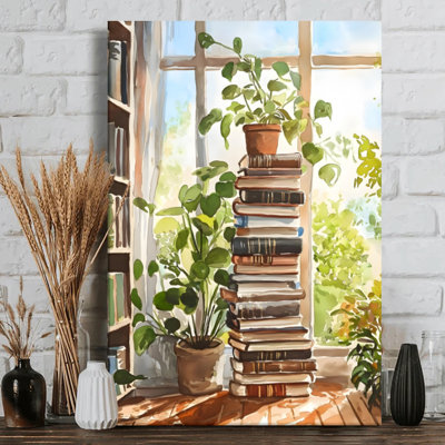 Pile de livres surmontée d'une plante en pot - Impression d'art mural moderne sur toile tendue sur châssis, 91,4 cm (H) x 61 cm (L), prête à être accrochée