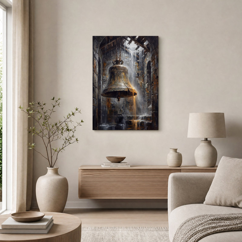 Art mural en toile Cracked Bronze Bell in Rainy Stone, H 30 po x l 20 po