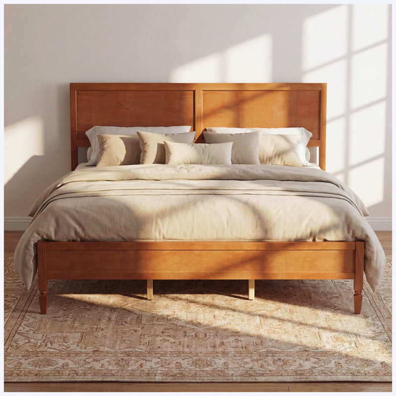 King Size Solid Wood Platform Bed with Classic Panel Headboard, No Box Spring Needed, Brown