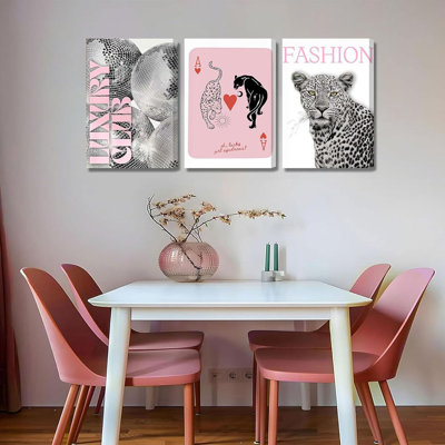3pcs Pink Leopard Print Poster Wall Art Funky Disco Ball Poker Ace Painting Picture Wall Decor Modern Girl Preppy Poster Print Artwork for Girls Bedroom Dormitory Home Decoration 16x24in Framed