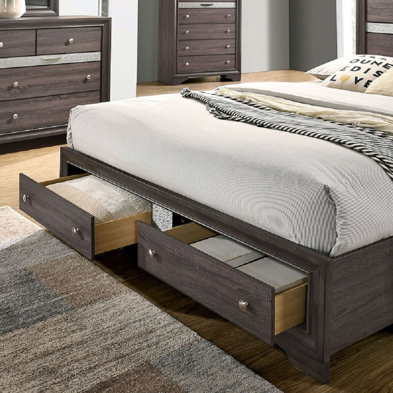 Lit plateforme avec tiroirs Zigler, Gris, Très grand lit Eastern