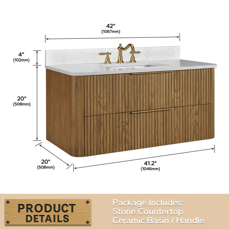 Meuble-lavabo flottant de 42 po avec lavabo, meuble-lavabo mural cannelé, comptoir en faux marbre, tiroir à fermeture en douceur, entièrement assemblé, brun chêne clair