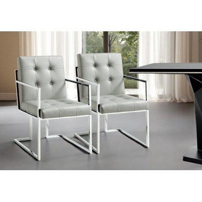 Set of Two Tufted Light Gray and Silver Metallic Upholstered Faux Leather Dining Arm Chairs
