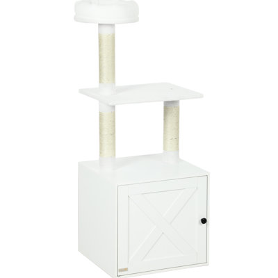 White 21 Cat Tree And Litter Box, Hidden Litter, Multi-Level Platforms, Bed, Posts, Quick Setup Vertical Climbing, Furniture Harmony, Enclosed Cabinet, Scratching Alternative, Simple