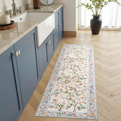 Chinoiserie Vintage Floral Rug Washable Non-slip Beige/Blue