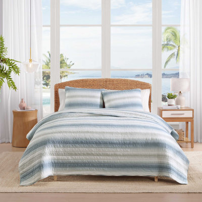 Tommy Bahama Prima Island Stripe Cotton Reversible Blue Quilt Set