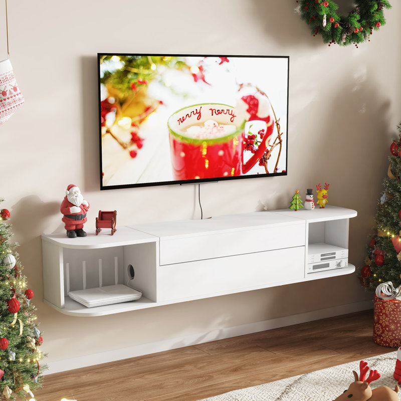 Floating Tv Stand For Up To 50" Tv, Wall Mounted Entertainment Center With Power Outlets And Usb Ports, Large Storage Space With Sliding Tabletop, Open Shelves, White