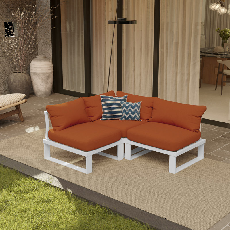 Anusri 3-Person Modular Aluminum Patio Sectional, Orange Cushion/White Frame
