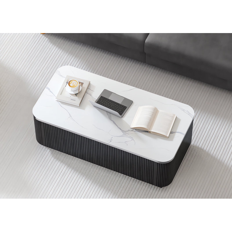Table basse de rangement cannelée moderne avec plateau en faux marbre 39,4 ", Noir