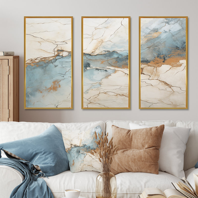 Ensemble de salon art mural bleu et blanc Marble River II, Cadre flottant doré, H 32 po x l 48 po x P 1 po