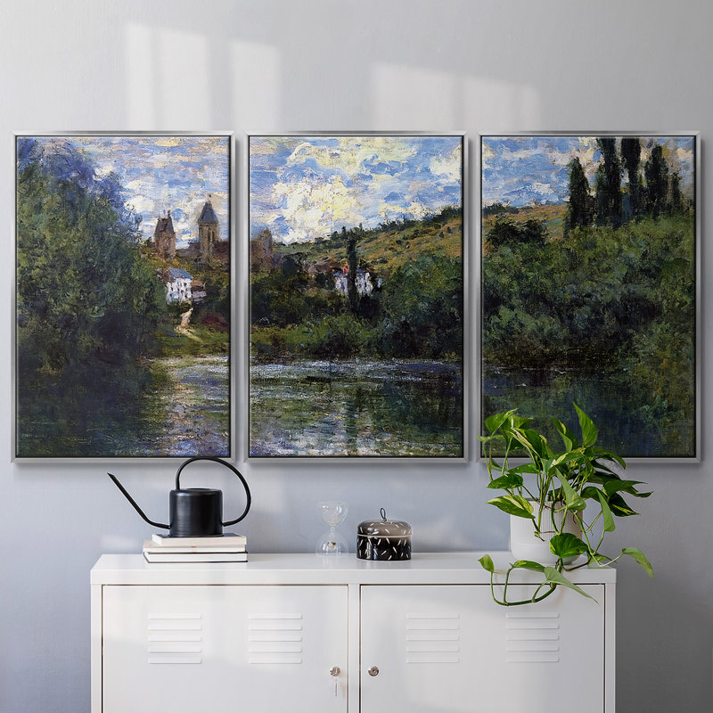 Vue de Vetheuil 3 pièces, H 40 po x l 78 po x P 2 po, Argent