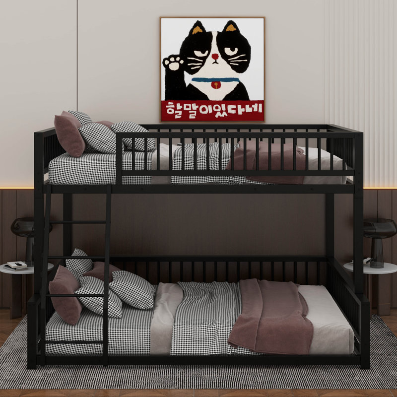 Floor Bunk Bed Frame With Ladder And Safety Guardrails, Black, Full XL Over Queen