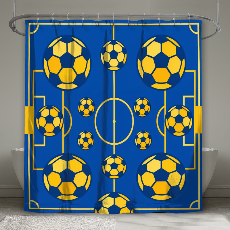 Rideaux de douche Soccer Soccer Illustration, L 70 po x H 93 po, Bleu foncé / jaune moyen
