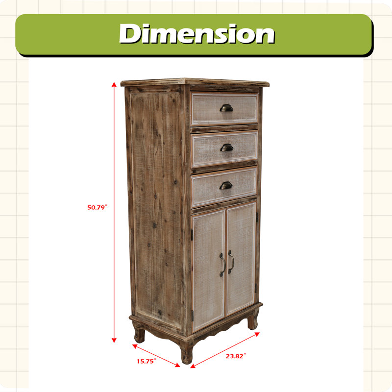 Armoire de rangement rustique en bois avec porte découpée décorative 3 tiroirs, Blanc antique