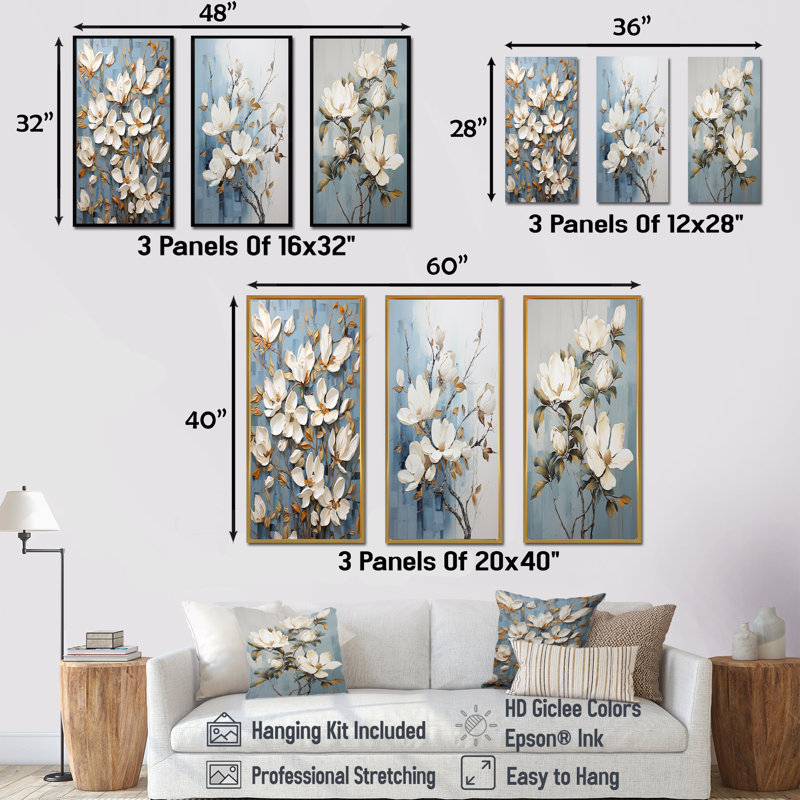Ensemble de 3 décorations murales peintes bleues et dorées - Magnolias, H 28 po x l 36 po, Cadre flottant noir