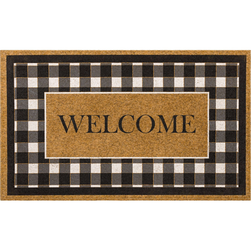 Checkered Welcome Faux Coir Polyester Recycled Rubber All Weather Outdoor Door Mat
