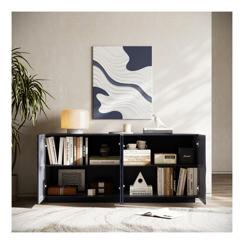 Buffet avec rangement, buffet de rangement moderne à 4 portes, armoire de sol luxueuse avec anti-déversement autoportant pour la cuisine, le salon, buffet rectangulaire de 59 po de largeur (bleu marine)