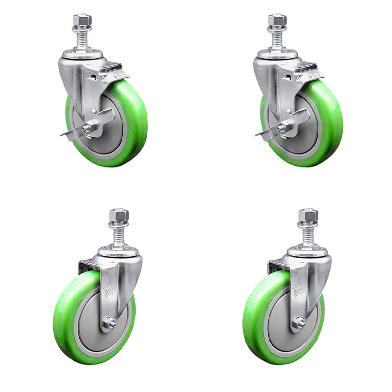Ensemble de roulettes à tige filetée 5 pouces en polyuréthane vert pivotant ½ pouce 2 freins SCC