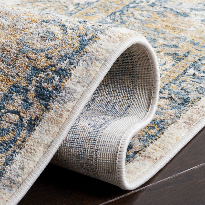 Ivory and Blue Hand-knotted Synthetic Area Rug, 4' x 6'2"