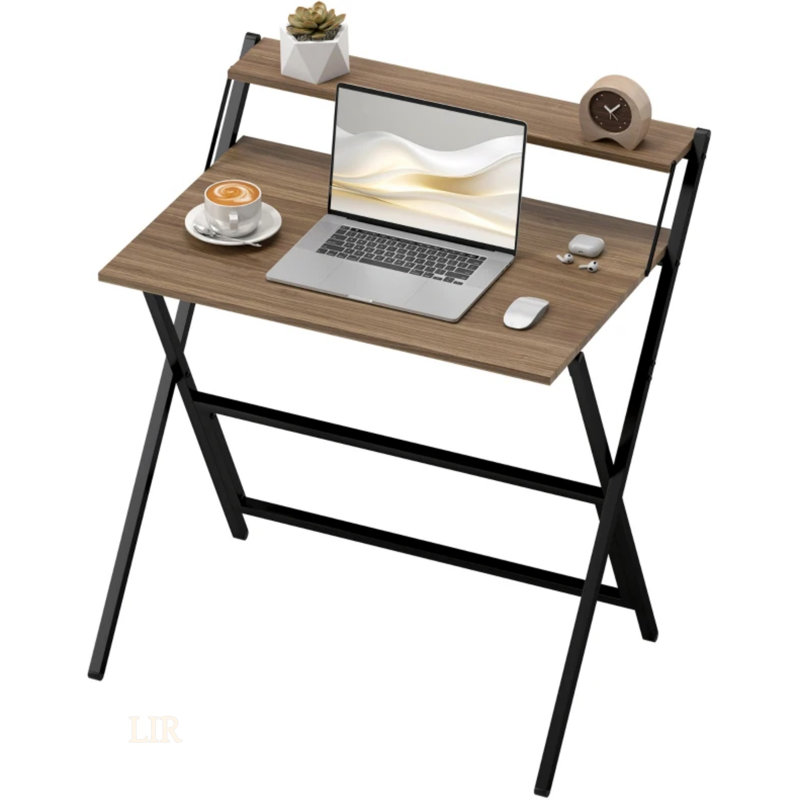 Bureau à domicile pliable 32 pouces avec tablette pour écran, assemblage facile et conception peu encombrante, finition noyer