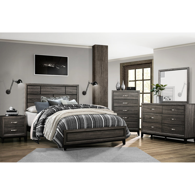 Grand lit moderne gris, structure en bois, tête de lit incluse et grand lit contemporain, meubles et sommier tapissier requis