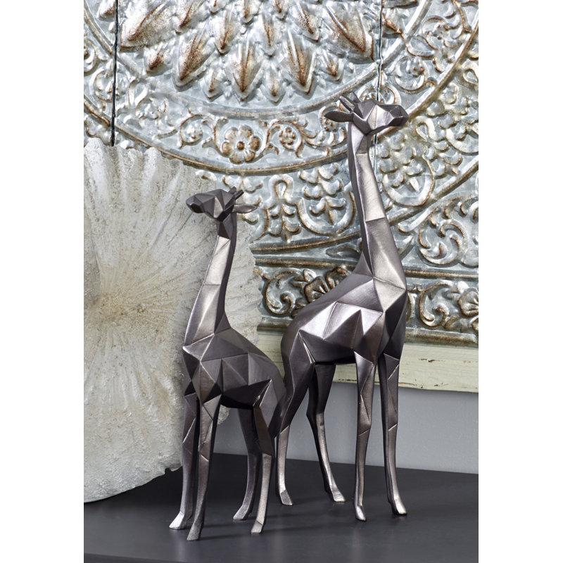 Silver Geometric Polystone Giraffe Sculptures, Set of 2