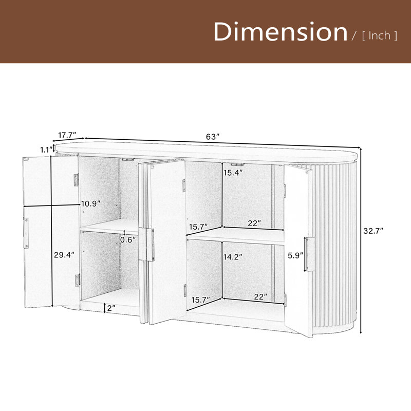 Vertical Striped Door Storage Cabinet With Metal Handles, Adjustable, Suitable For Study, Entryway And Living Room, Brown