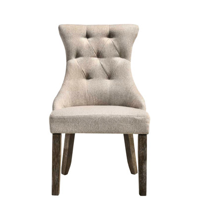 Side Chair Of 2 - Beige And Gray Two-Tone. Elegant High-Back, Arm- Design. Padded Seat & Back. Nailhead Trim. Construction. Modern Tapered 2-Inch Thick Wooden Legs. 25" Depth, 19" Height, 220Lbs