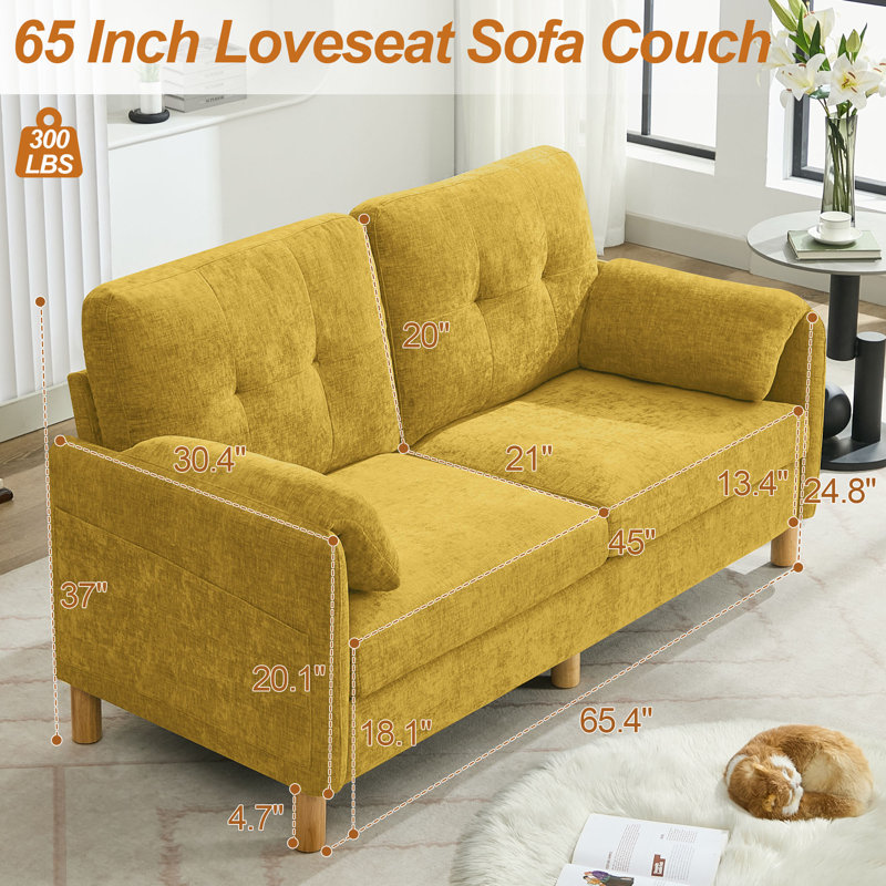 Canapé 65,4 po en chenille touffetée - Structure en bois robuste, poches de rangement, Yellow