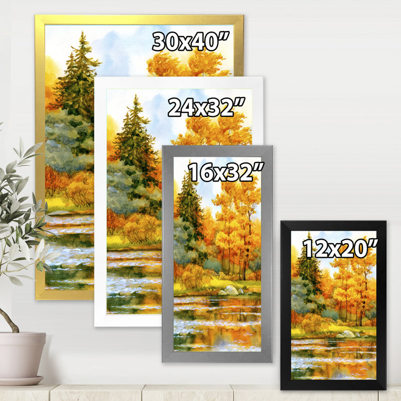 Forêt automnale au bord du lac II - Peinture sur toile, H 40 po x l 30 po x 1,5 po, Toile avec cadre argenté