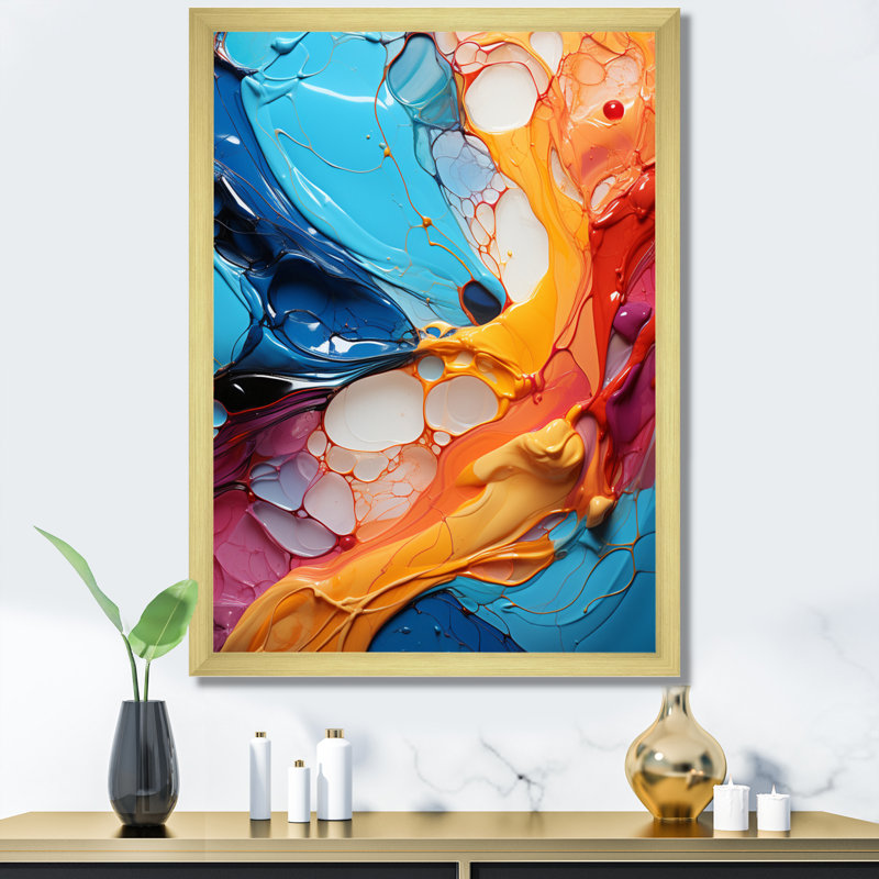 Collage symphonique abstrait sarcelle orange fractal, Encadrement doré, H 32 po x l 16 po x P 1 po