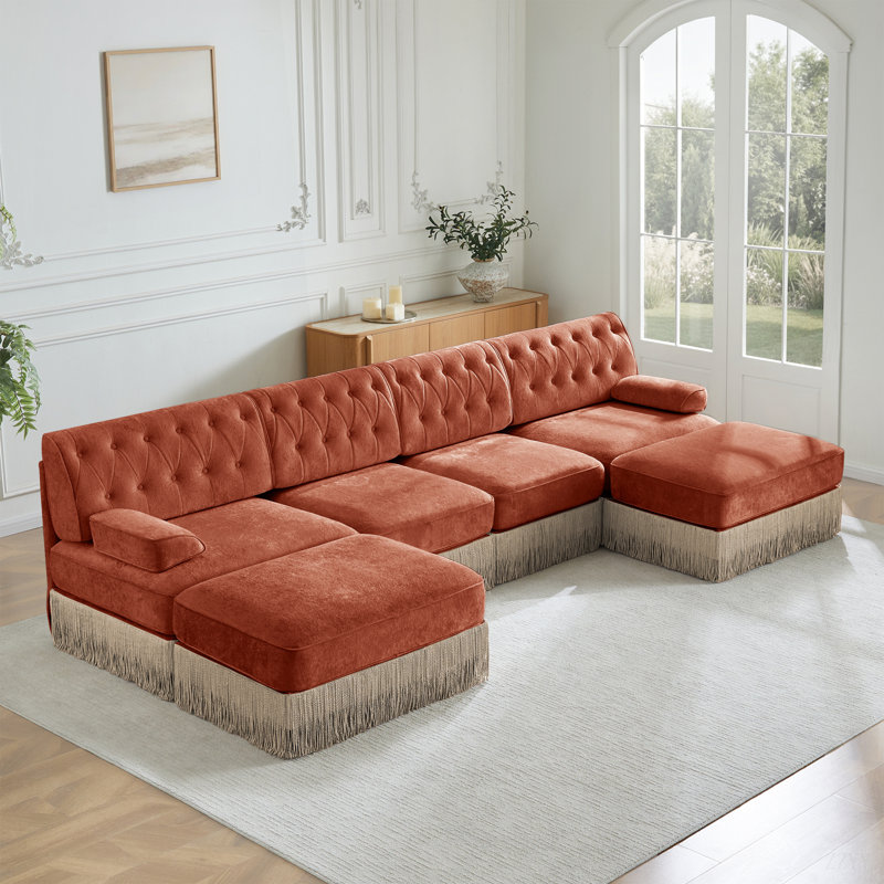 Canapé Chesterfield, 34.2" H x 135.6" W x 60.3" D, 4, Rouge / Brun