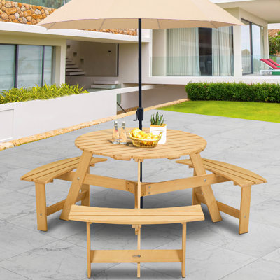 6-Person Circular Outdoor Wooden Picnic Table For Patio, Backyard, Garden, DIY W/ 3 Built-In Benches, 1720Lb Capacity 