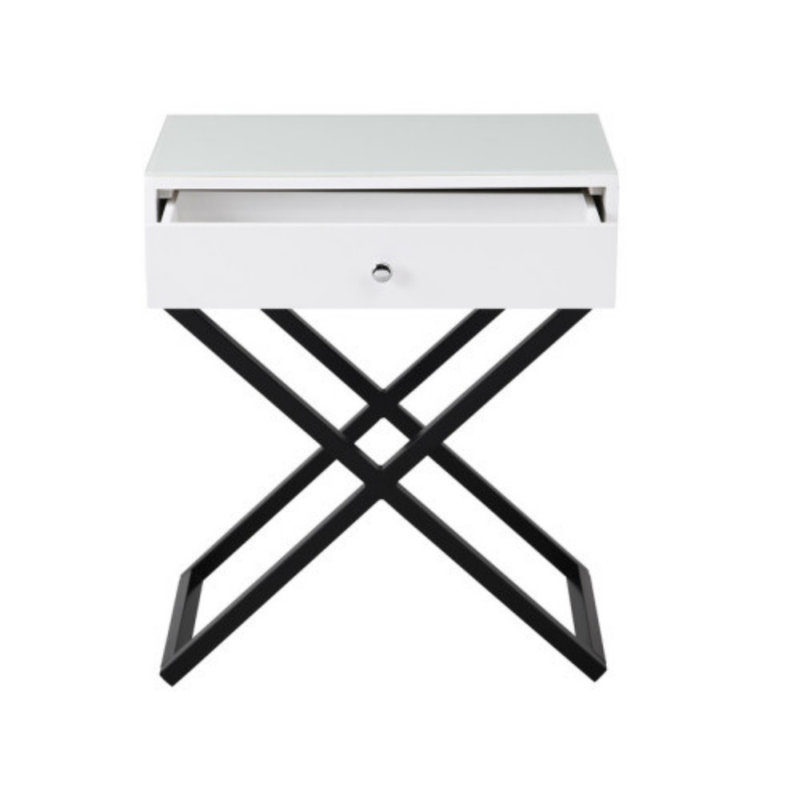 Table de chevet d'extrémité avec plateau en verre, tiroir et base en croix, Blanc