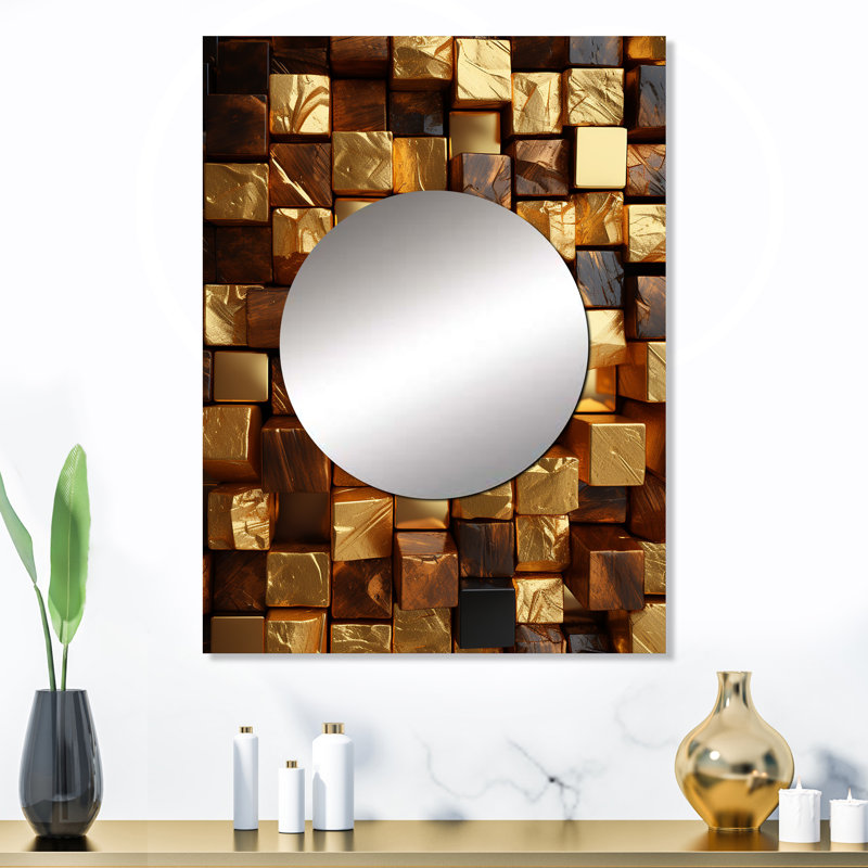 Kal Black and gold abstract cubes II - Geometric Unique Mirror, Modern Large Wall Mirror, Printed Metal Art, 32" x 24"