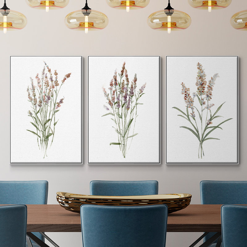 "Dicat Botanical I", reproduction sur toile 3 pièces, H 40 po x l 90 po x P 2 po, Blanc