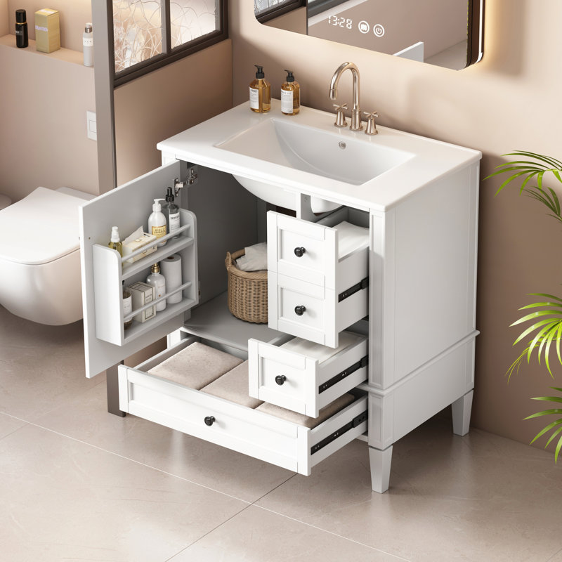 Meuble-lavabo moderne de 30 pouces avec lavabo en céramique et 3 tiroirs pour un rangement efficace et élégant, Blanc