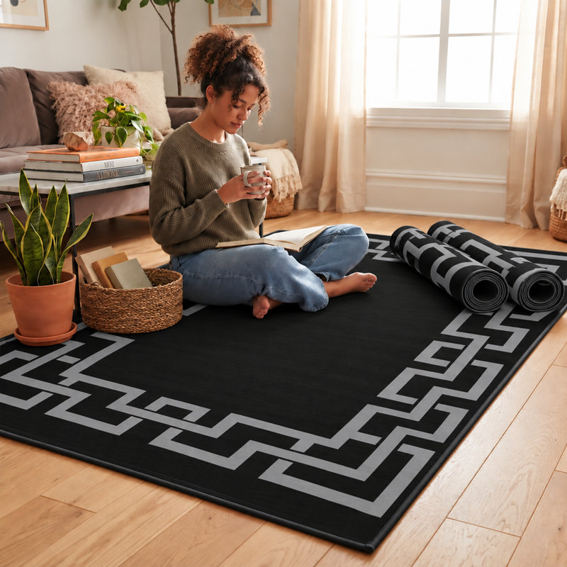 NICO Black Greek Key Machine Tufted Printed Area Rug, Rectangle  120 x 170 cm