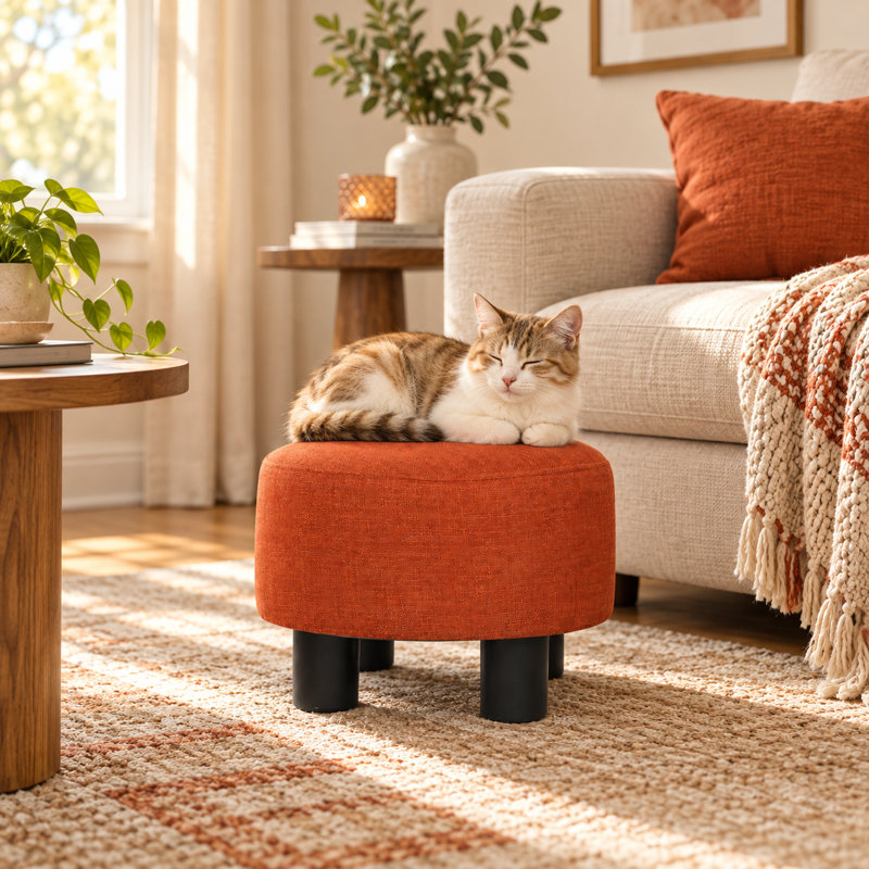 12.4" Round Upholstered Accent Ottoman Footstool, Orange Linen